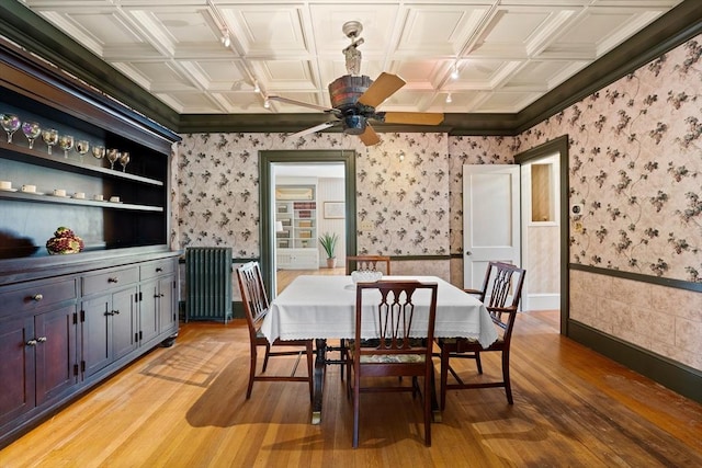 116 Adin St, Hopedale, MA 01747 - dining area with light wood-type flooring, ceiling fan, wallpapered walls, baseboards, and ornamental molding