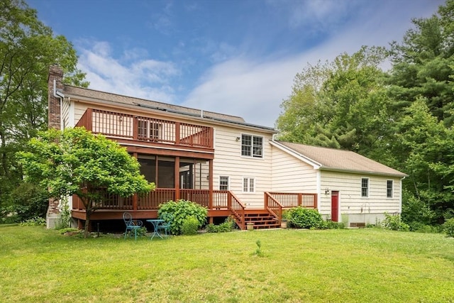 29 Miscoe Rd, Mendon, MA 01756 - rear view of property featuring a chimney, a balcony, a yard, and a wooden deck