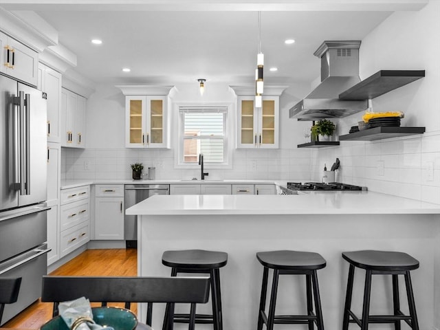 kitchen with white cabinetry, light wood-type flooring, stainless steel appliances, sink, and island range hood