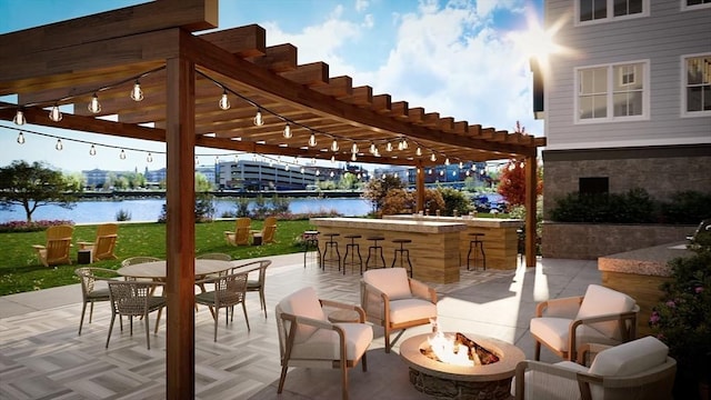 18 Franklin Unit 202, Salem, MA 01970 - view of patio / terrace with an outdoor fire pit, a water view, and a pergola