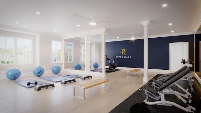 18 Franklin Unit 202, Salem, MA 01970 - gym featuring crown molding, a ceiling fan, recessed lighting, and ornate columns