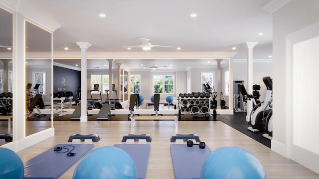 18 Franklin Unit 202, Salem, MA 01970 - workout area featuring decorative columns, ornamental molding, recessed lighting, and a ceiling fan