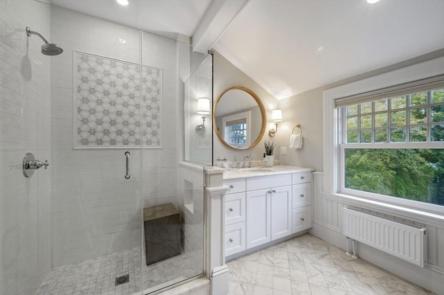 bathroom with a shower stall, radiator, marble finish floor, and vaulted ceiling with beams