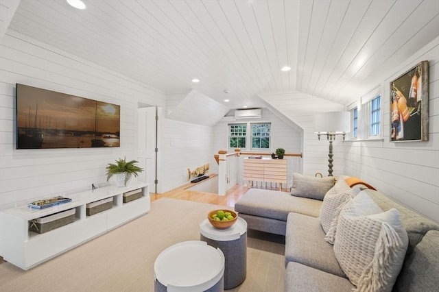 living room featuring wood ceiling, wood walls, lofted ceiling, a wall mounted AC, and recessed lighting