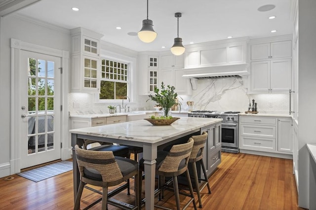 kitchen with high end stainless steel range oven, a sink, plenty of natural light, and white cabinets