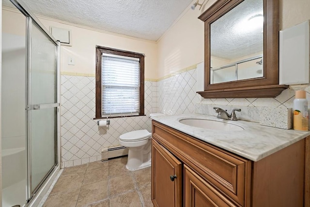 2 Hammond Ct, Quincy, MA 02169 - full bath with tile walls, a textured ceiling, a stall shower, toilet, and a wainscoted wall