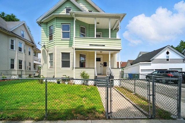 16 Laurel St, Springfield, MA 01107 - view of front facade featuring a gate, a fenced front yard, covered porch, and a garage