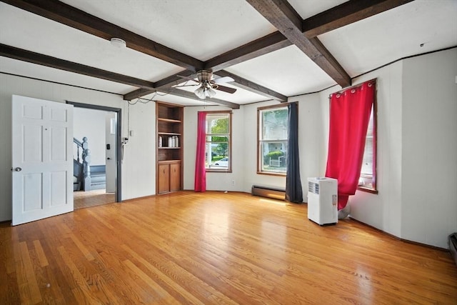 16 Laurel St, Springfield, MA 01107 - unfurnished living room featuring wood finished floors, a ceiling fan, beamed ceiling, and a baseboard heating unit