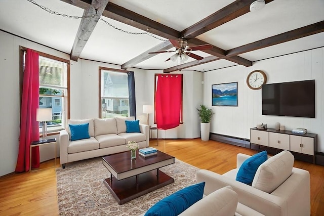 16 Laurel St, Springfield, MA 01107 - living room with wood finished floors, ceiling fan, and beamed ceiling