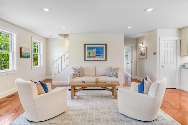 27 Watcha Path, Edgartown, MA 02539 - living room featuring stairway, light wood-style flooring, and recessed lighting