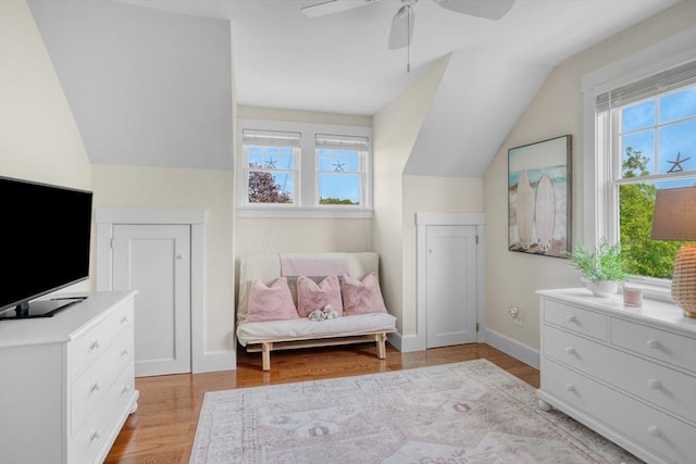 27 Watcha Path, Edgartown, MA 02539 - sitting room with vaulted ceiling, light wood-style floors, and ceiling fan