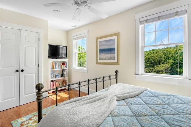 27 Watcha Path, Edgartown, MA 02539 - bedroom with wood finished floors, a closet, and ceiling fan