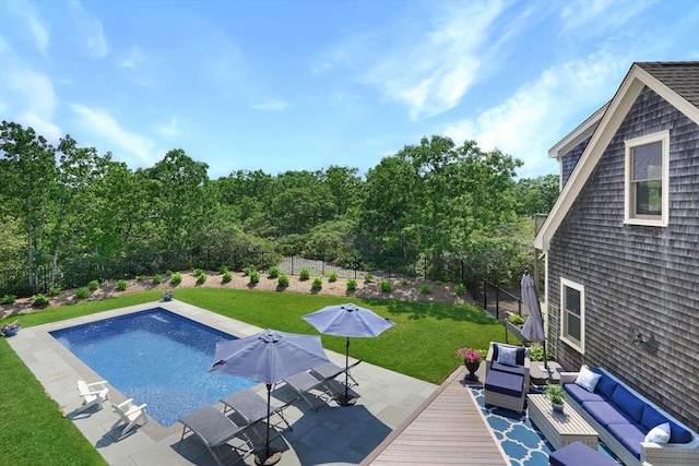 27 Watcha Path, Edgartown, MA 02539 - swimming pool featuring an outdoor hangout area, a fenced backyard, and a patio area