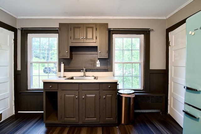 31 E St, Stafford, CT 06076 - kitchen with dark wood-type flooring, light countertops, crown molding, plenty of natural light, and wainscoting