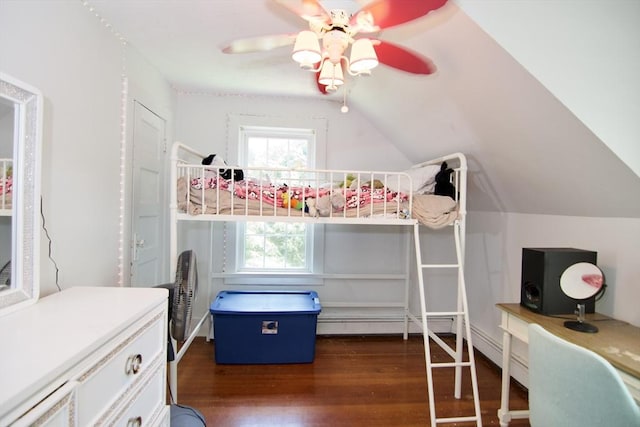 31 E St, Stafford, CT 06076 - bedroom featuring dark wood finished floors, vaulted ceiling, and ceiling fan