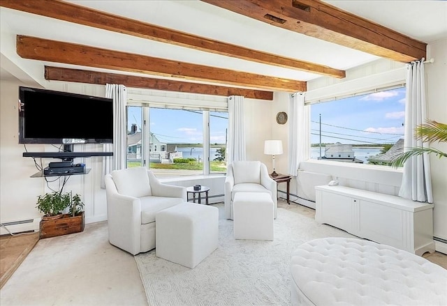 113 N Ridge Rd, Ipswich, MA 01938 - living area featuring beam ceiling and baseboard heating