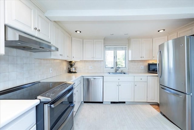 113 N Ridge Rd, Ipswich, MA 01938 - kitchen featuring appliances with stainless steel finishes, under cabinet range hood, a sink, light countertops, and decorative backsplash
