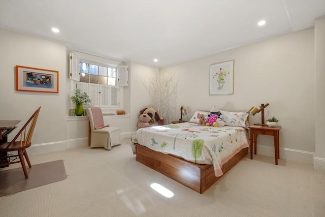 bedroom with recessed lighting, baseboards, and carpet flooring