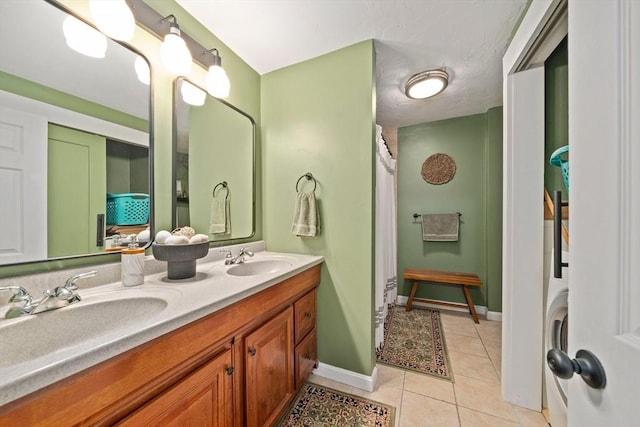547 Washington St Unit B13, Pembroke, MA 02359 - bathroom with double vanity, tile patterned floors, and a shower with curtain
