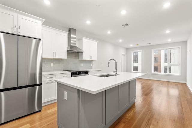 kitchen featuring an island with sink, sink, white cabinets, stainless steel appliances, and wall chimney exhaust hood