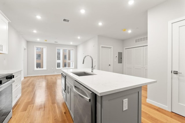 kitchen with sink, a center island with sink, stainless steel dishwasher, white cabinets, and stove