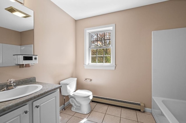 26 Harvest Rd, Reading, MA 01867 - bathroom with a baseboard radiator, vanity, tile patterned flooring, a bath, and a shower