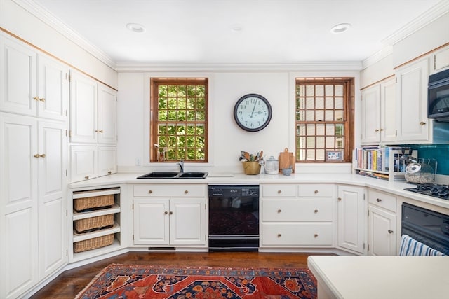 kitchen with white cabinetry, dark hardwood / wood-style flooring, and black appliances