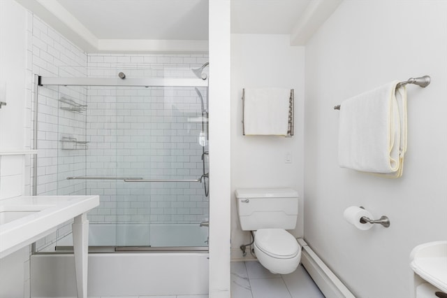 bathroom with bath / shower combo with glass door, toilet, and tile patterned floors