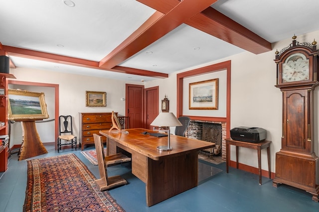 office featuring beamed ceiling