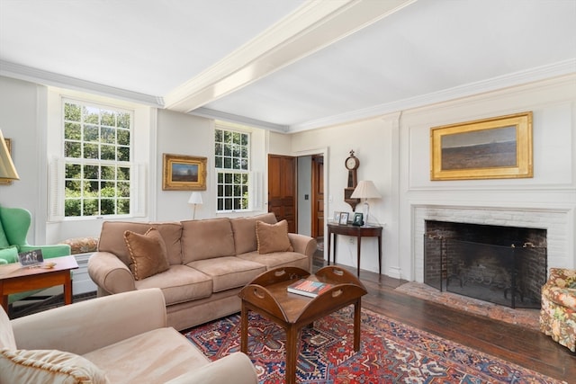 living room with beamed ceiling, crown molding, wood-type flooring, and a fireplace