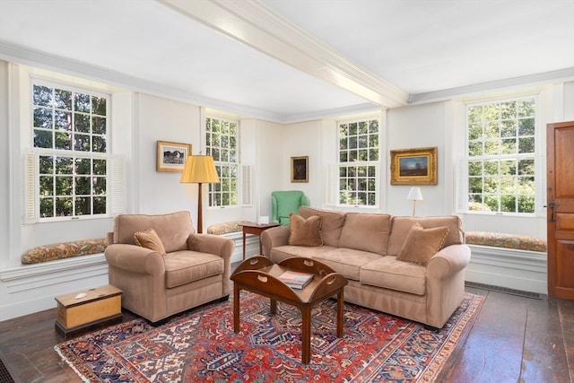 living room with hardwood / wood-style floors, crown molding, and beamed ceiling