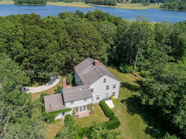 drone / aerial view featuring a water view