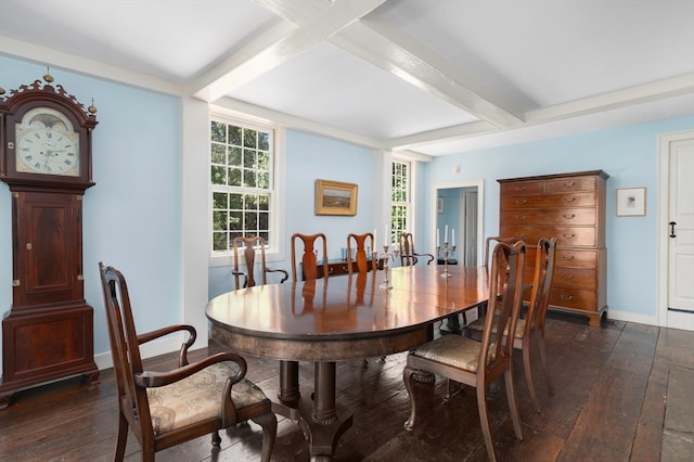 dining room with dark hardwood / wood-style flooring, beamed ceiling, and coffered ceiling