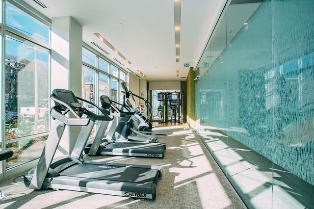 exercise room with floor to ceiling windows