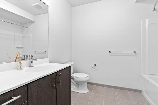 bathroom with vanity, visible vents, toilet, baseboards, and tile patterned floors