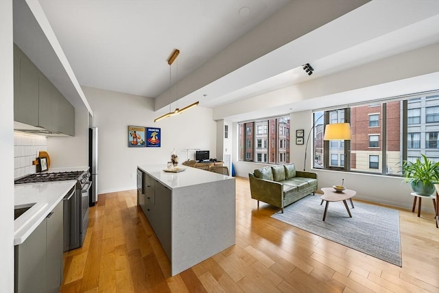 1313 Washington St Unit 309, Boston, MA 02118 - kitchen with stainless steel appliances, light countertops, light wood finished floors, and gray cabinets