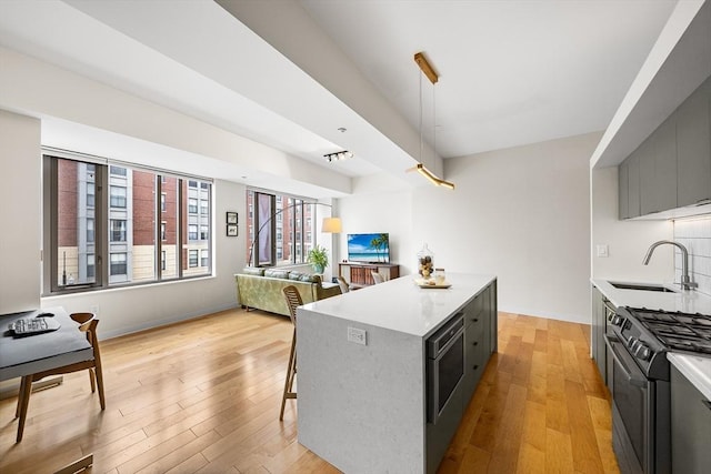 1313 Washington St Unit 309, Boston, MA 02118 - kitchen with gas range, a kitchen island, light wood-style flooring, and light countertops
