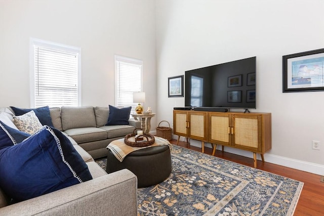 living area with baseboards, a high ceiling, and wood finished floors