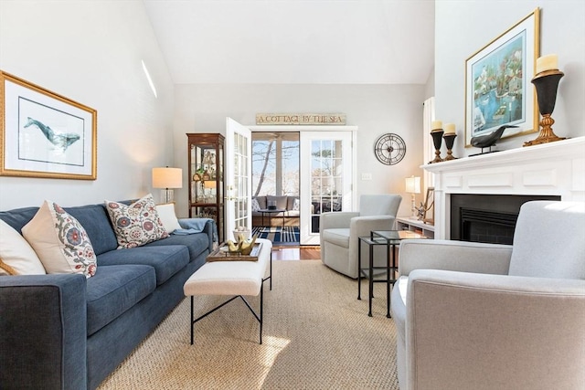 living area featuring wood finished floors, a fireplace, and high vaulted ceiling