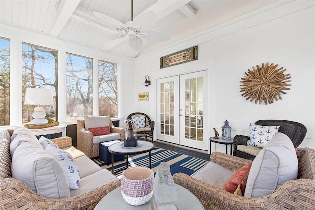 sunroom with french doors, vaulted ceiling with beams, and a ceiling fan