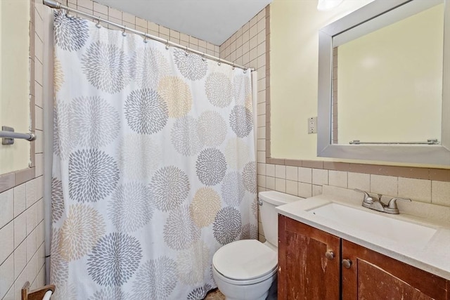 94 Clinton Rd, Weymouth, MA 02189 - bathroom featuring tile walls, vanity, and a shower with shower curtain