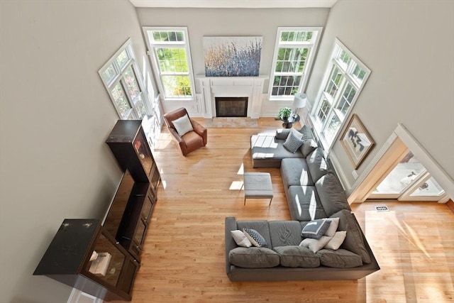 45 Anselm Way, Sudbury, MA 01776 - living area featuring wood finished floors, a glass covered fireplace, plenty of natural light, and a high ceiling