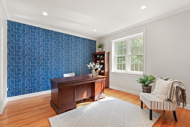 45 Anselm Way, Sudbury, MA 01776 - home office with crown molding, light wood finished floors, baseboards, recessed lighting, and wallpapered walls