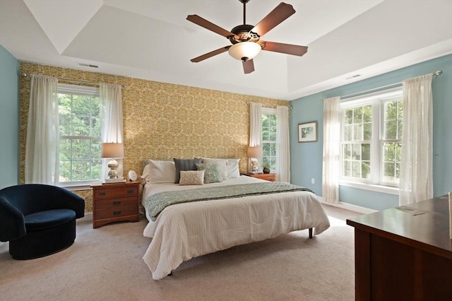 45 Anselm Way, Sudbury, MA 01776 - bedroom with light colored carpet, wallpapered walls, and ceiling fan