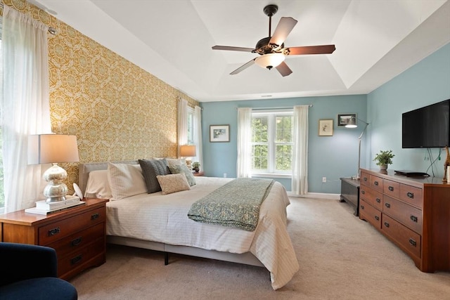 45 Anselm Way, Sudbury, MA 01776 - bedroom featuring light carpet, wallpapered walls, a raised ceiling, a ceiling fan, and baseboards