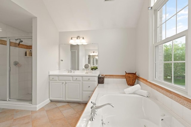 45 Anselm Way, Sudbury, MA 01776 - bathroom featuring a tub with jets, vanity, a stall shower, plenty of natural light, and lofted ceiling