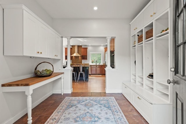 45 Anselm Way, Sudbury, MA 01776 - mudroom with decorative columns, recessed lighting, a sink, and baseboards