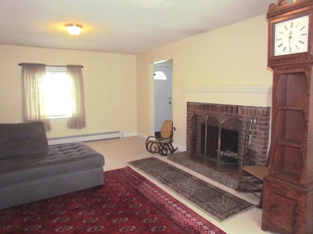 471 Mechanic St, Fitchburg, MA 01420 - carpeted living area featuring a baseboard heating unit and a brick fireplace
