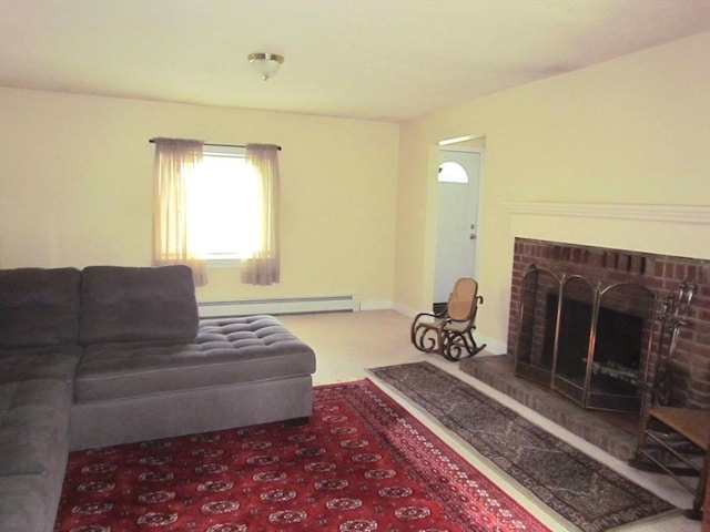 471 Mechanic St, Fitchburg, MA 01420 - living area with a baseboard heating unit, a fireplace, and carpet