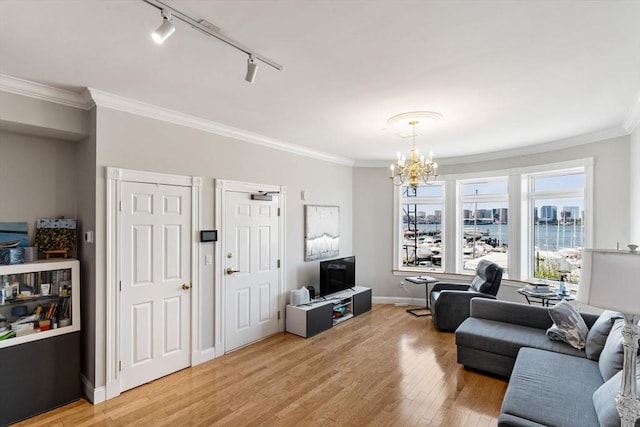 5 Brigham St Unit 1, Boston, MA 02128 - living room featuring a chandelier, ornamental molding, light wood-style floors, baseboards, and track lighting